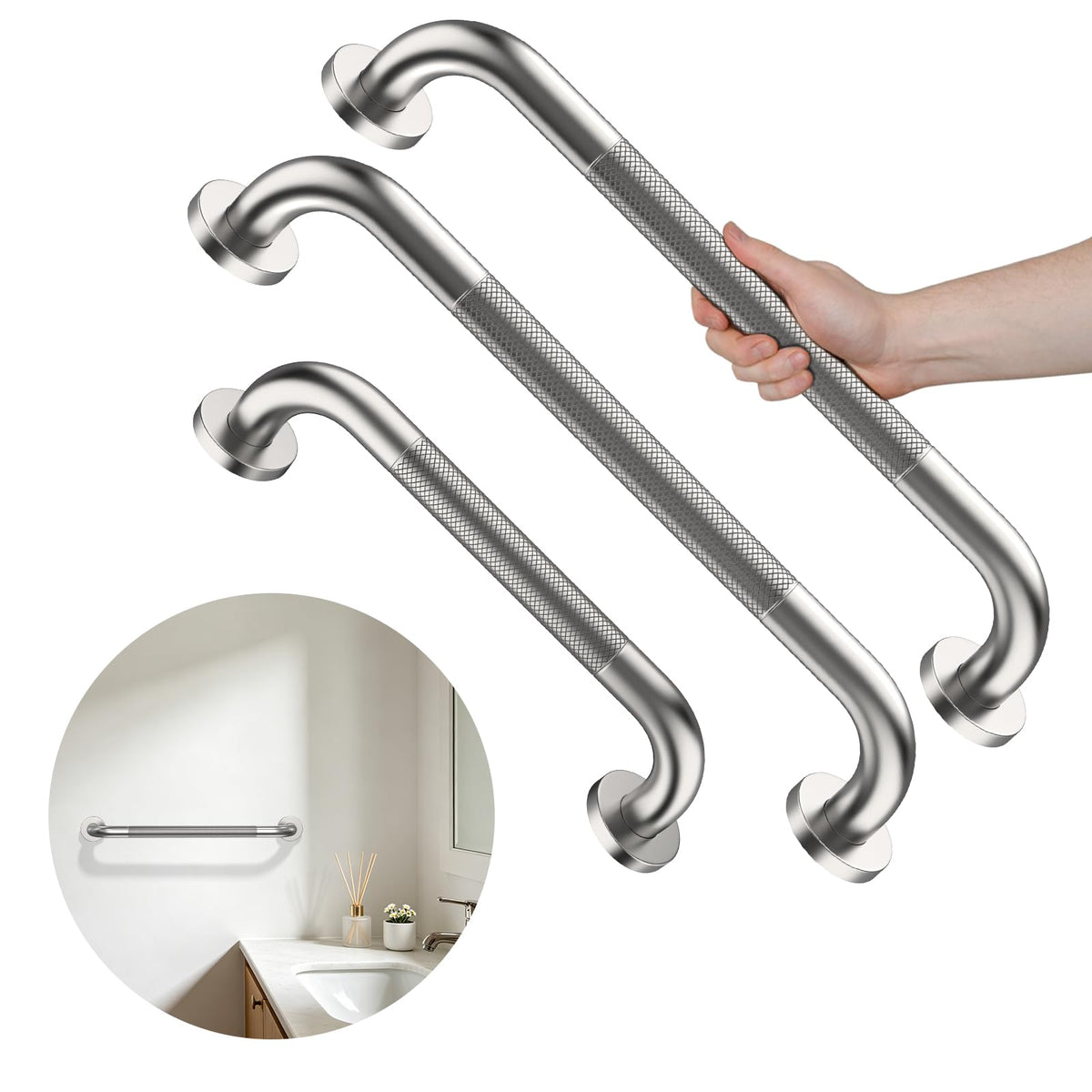3 Pack Anti Slip Shower Grab Bar, Munzong 12" 16" 16" White Bathroom Bar