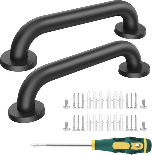 12 Inch Shower Grab Bars, 2 Pack - Anti-Slip Stainless Steel Bathroom Safety Handles for Elderly & Handicap, 304 Steel, Black, Knurled Grip（Black 12in-2-Sets）
