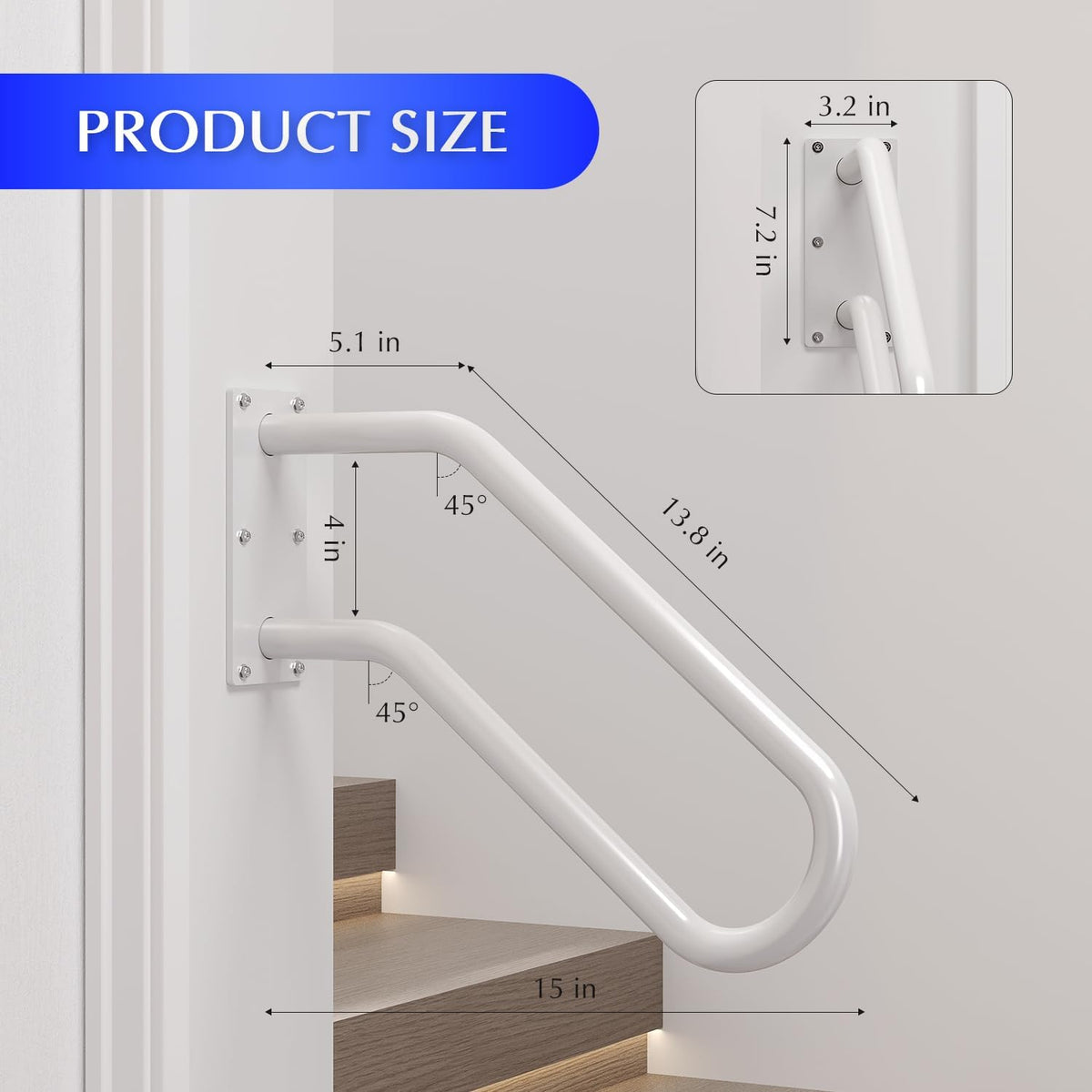 Hand Rails for Outdoor 1-2 Steps, Indoor Stairs, Bathroom, Wall Mount Non-Slip U-Shape Stair Hand Railing White 1 Pack