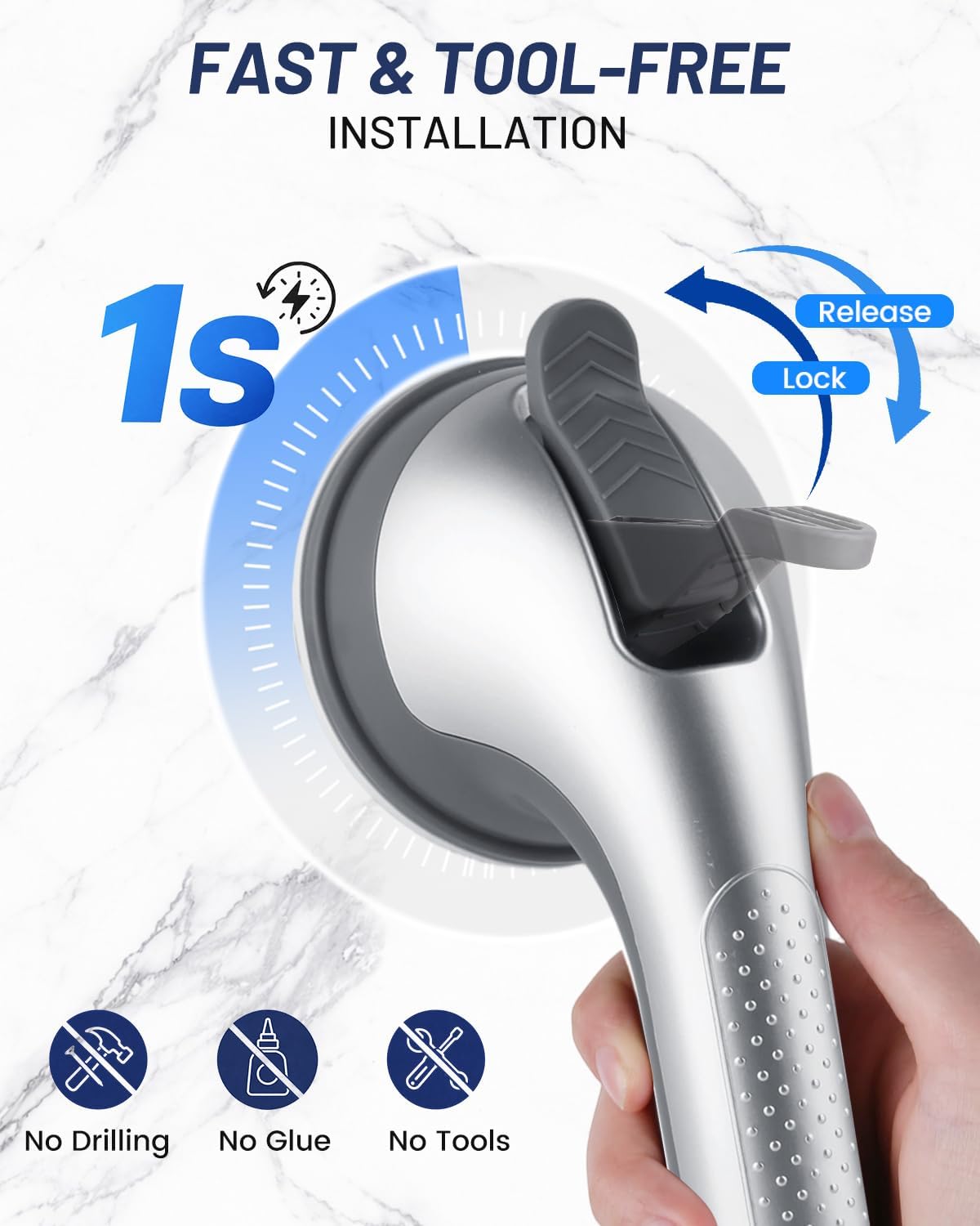 Suction Grab Bars for Shower, Gel-Enhanced Shower Handle for Senior, Silver