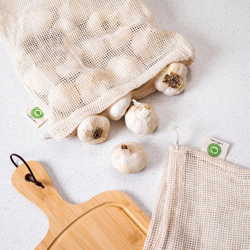 Reusable Garlic Storage Bags - Organic Cotton Garlic Mesh Bags with Drawstring - Washable Garlic Holder Storage - Net Garlic Keeper Sacks - Onion Potato Storage Bags - Root Vegetable Sacks (3 Large)