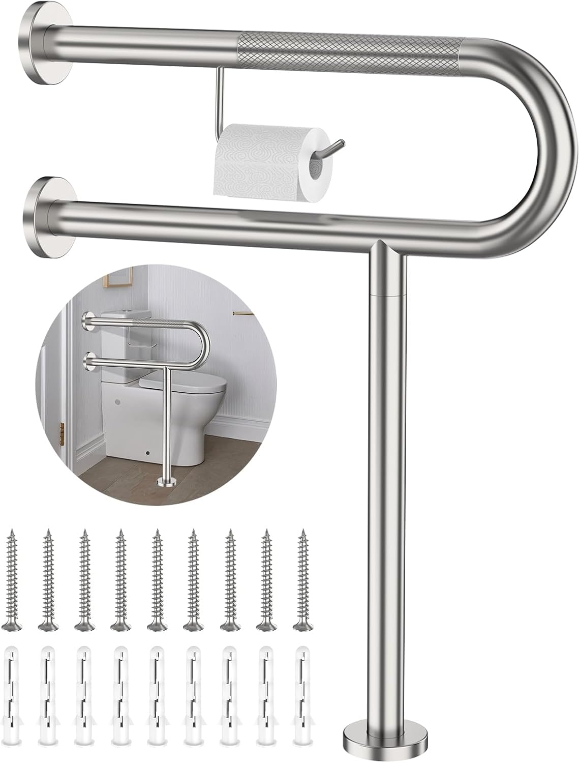 ZUEXT 24 Inch Brushed Nickel Wall to Floor Toilet Grab Bar w/Paper Holder