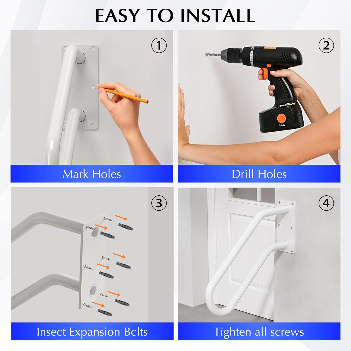 Hand Rails for Outdoor 1-2 Steps, Indoor Stairs, Bathroom, Wall Mount Non-Slip U-Shape Stair Hand Railing White 1 Pack