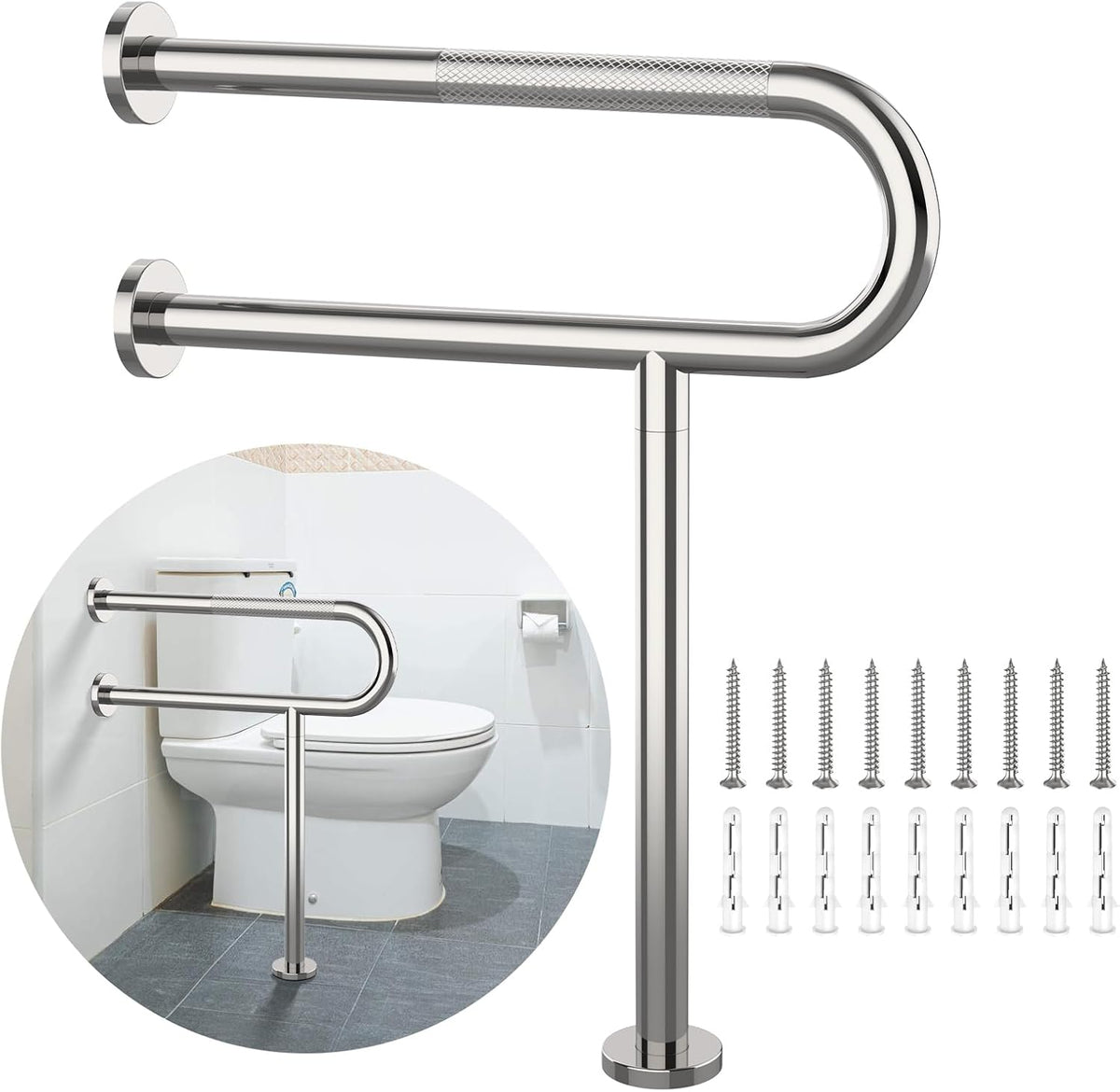 Toilet Support Rail 24x28 Inch, Munzong Anti-Slip Chrome Handicap Grab Bar