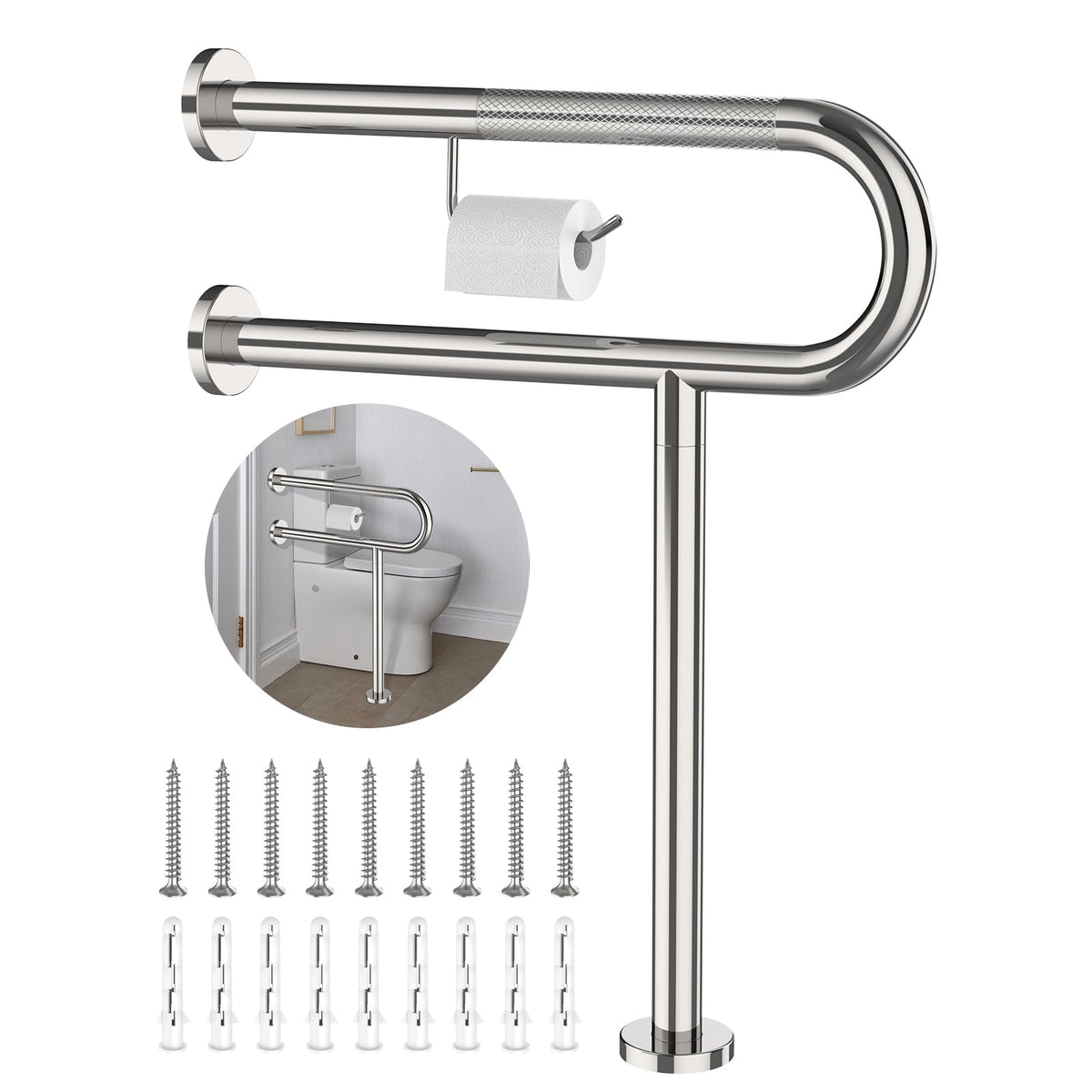 ZUEXT 24 Inch Brushed Nickel Wall to Floor Toilet Grab Bar w/Paper Holder