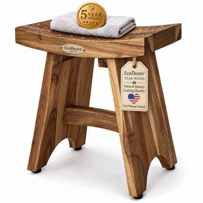 EcoDecors 18" Teak Shower Bench with Shelf, Solid Teak Wood Shower Stool