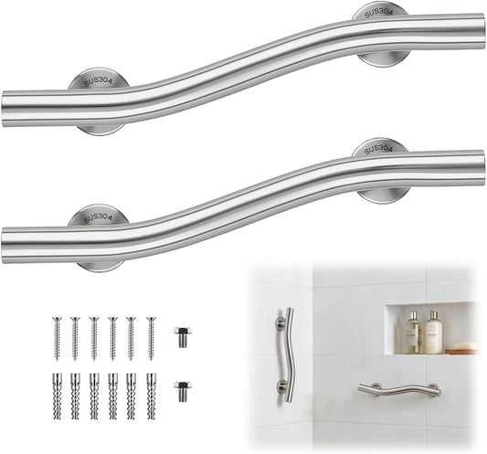 2 Pack Wave Grab Bar Decorative 16 Inch Stylish Stainless Steel Brushed Finish Safety Shower Bar Wall Mounted for Bathroom Bathtubs Toilet Steps Bed Seniors Elderly Handicap Pregnant Women