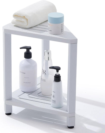 Corner Shower Stool with Storage Shelf, HDPS Waterproof Shower Foot Rest for Shaving Legs, 2-Tier Triangle Bathroom Stool for Inside Shower, Non-Slip Small Shower Bench, White