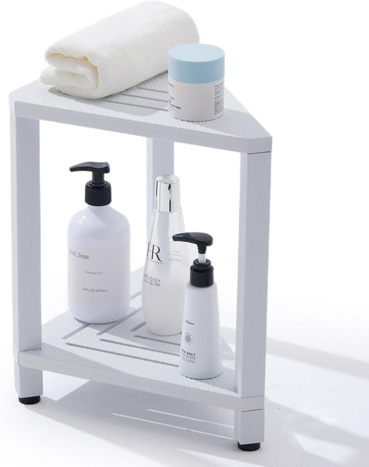 Corner Shower Stool with Storage Shelf, HDPS Waterproof Shower Foot Rest for Shaving Legs, 2-Tier Triangle Bathroom Stool for Inside Shower, Non-Slip Small Shower Bench, White