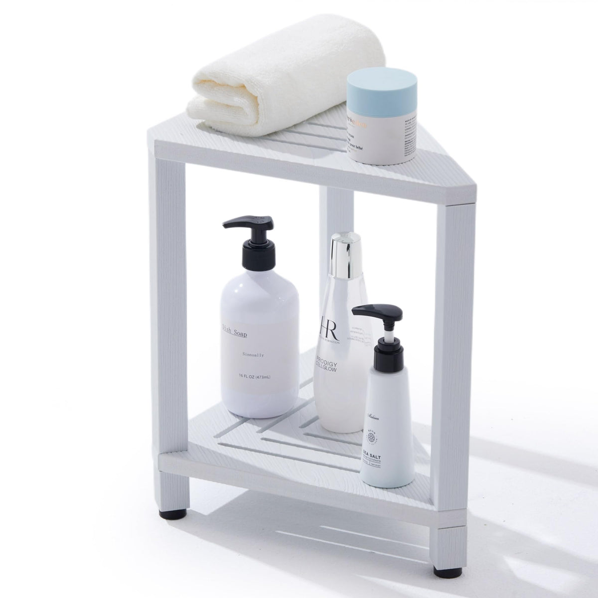 Corner Shower Stool with Storage Shelf, HDPS Waterproof Shower Foot Rest for Shaving Legs, 2-Tier Triangle Bathroom Stool for Inside Shower, Non-Slip Small Shower Bench, White