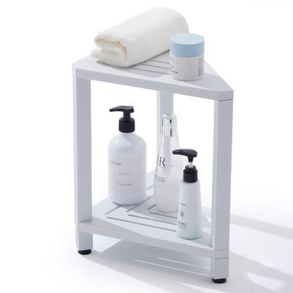 Corner Shower Stool with Storage Shelf, HDPS Waterproof Shower Foot Rest for Shaving Legs, 2-Tier Triangle Bathroom Stool for Inside Shower, Non-Slip Small Shower Bench, White