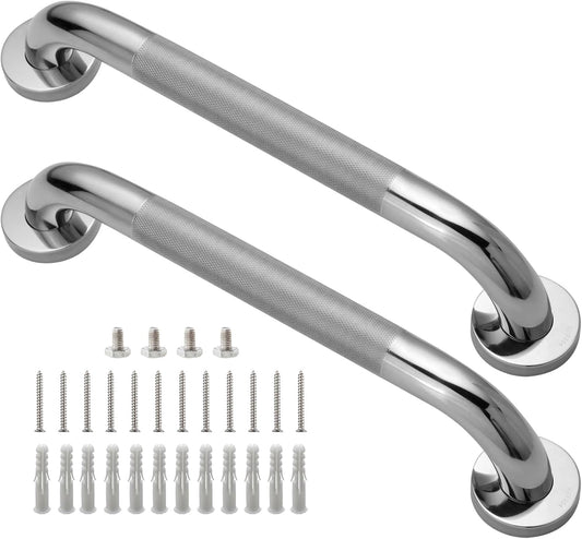 16 Inch Silver Anti-Slip Shower Grab Bars, 1.25" Diameter 2 Pack