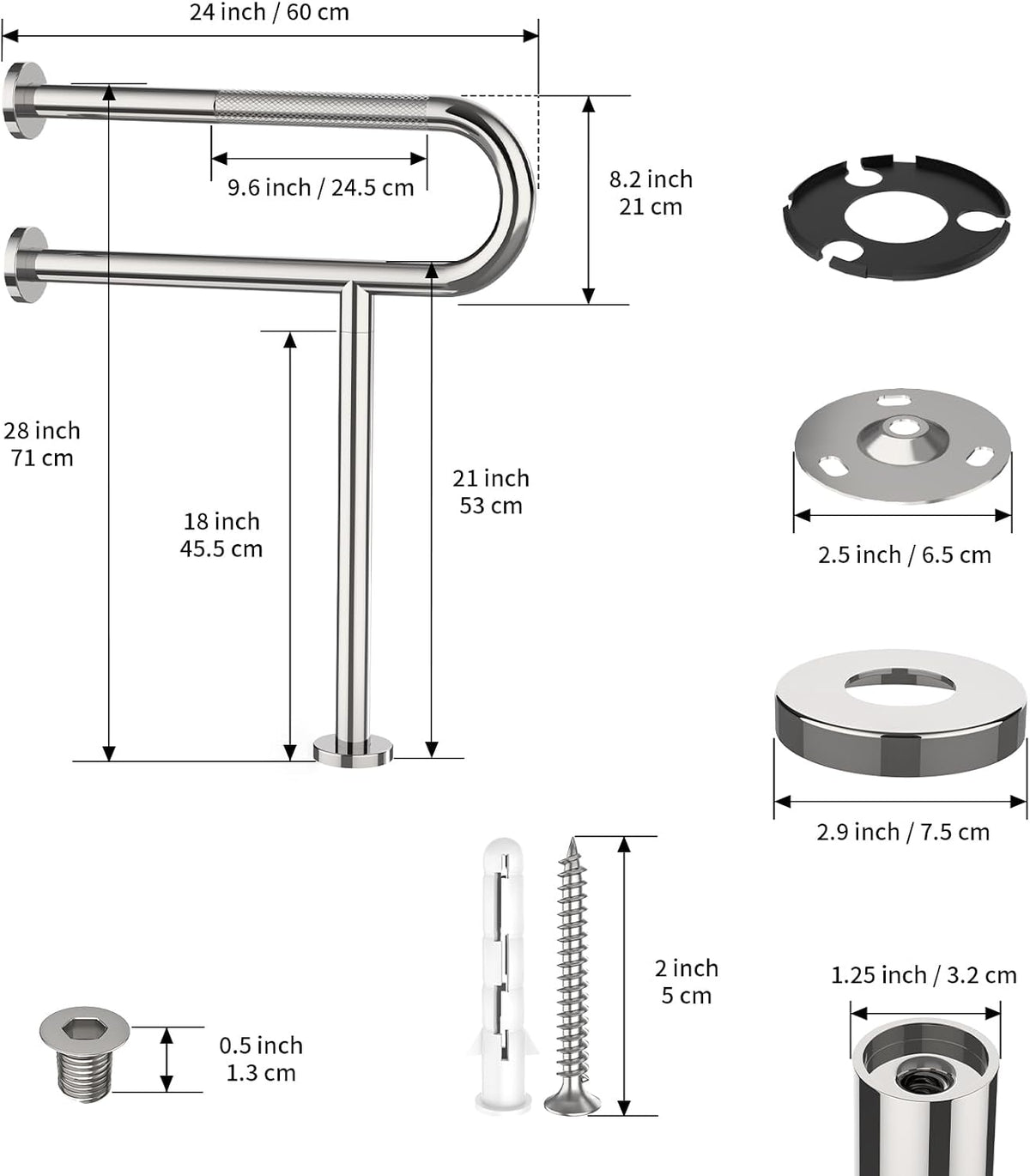 Toilet Support Rail 24x28 Inch, Munzong Anti-Slip Chrome Handicap Grab Bar