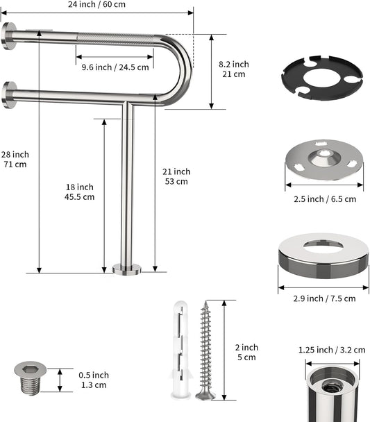 Toilet Support Rail 24x28 Inch, Munzong Anti-Slip Chrome Handicap Grab Bar