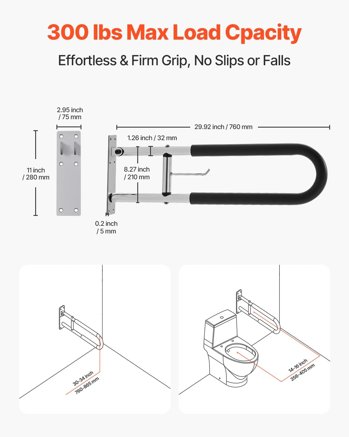 VEVOR Toilet Safety Rail, 30 Inch U-Shaped Handicap Grab Bar, Foldable Senior Safety Pole, Flip Up Toilet Grab Bars with Anti-Slip Handle, 300 Lbs Load Capacity Security Handrail with Paper Holder