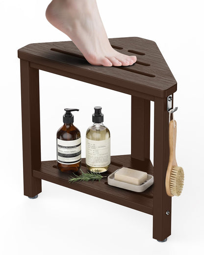 15" Shower Foot Rest with Side Hook, HDPE Waterproof Corner Shower Stool for Shaving Legs, Anti-Slip Shower Bench with Storage Shelf for Inside Shower, Space-Saving Shower Seat for Small Showers, Teak