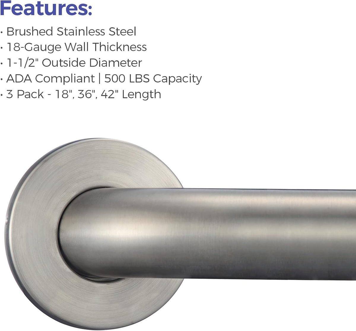 Stardrix Grab Bar Bundle for ADA Compliance, Brushed Stainless Steel Grab Bar Set for Commercial and Residential Restrooms, 1.5" Diameter - 18", 36", 42" - Pack of 3