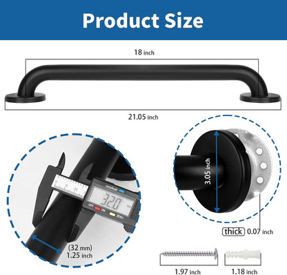 Safety Shower Grab Bars for Seniors, Stainless Steel Anti Slip Shower Handle, ADA Compliant Hand Rails, Holds up to 500 LBS Grab Bars for Elderly for Wall (Black, 18 Inches)