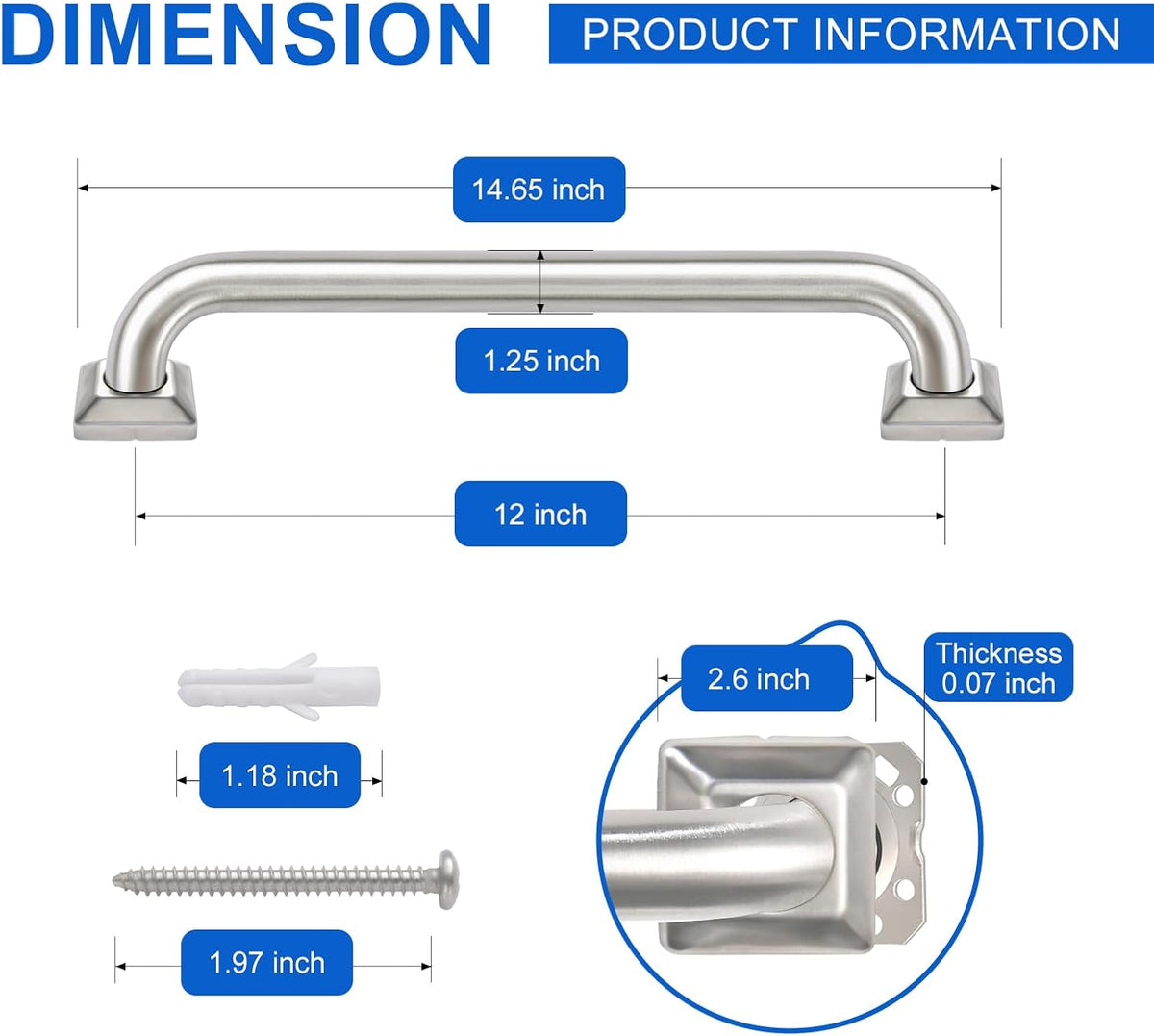 Bathroom Grab Bars Stainless Steel Handrail ADA Compliant 500lbs bathtubs and Showers Toilet Handle Safety for Handicap, Elderly, Disabled, Injury (12 inches)