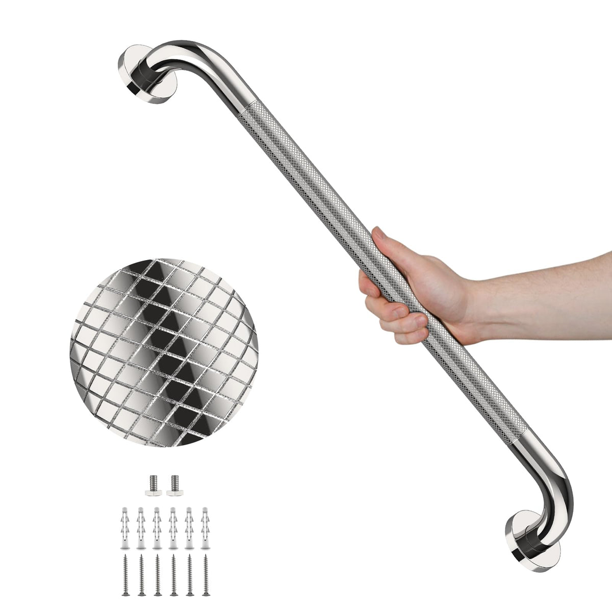 2 Pack 24 Inch Polished Chrome Anti Slip Knurled Shower Grab Bar