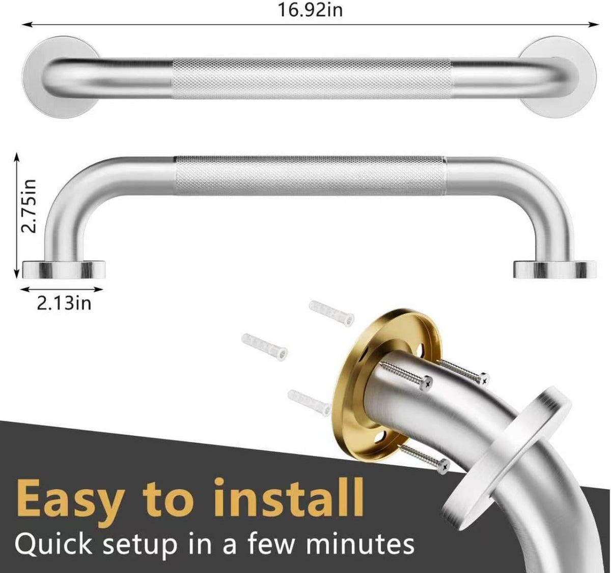16" Brushed Nickel Bathroom Non-Slip Grab Bar Wall Mounted