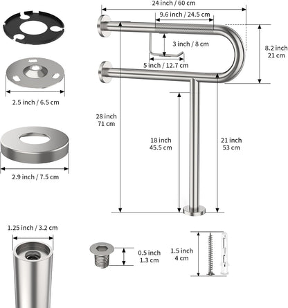 ZUEXT 24 Inch Brushed Nickel Wall to Floor Toilet Grab Bar w/Paper Holder
