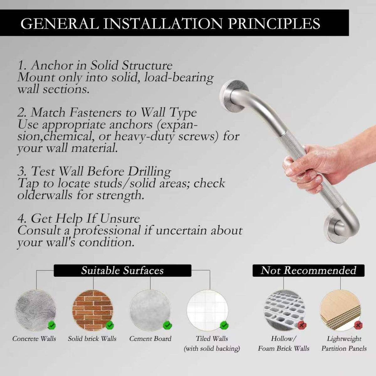 16" Brushed Nickel Bathroom Non-Slip Grab Bar Wall Mounted