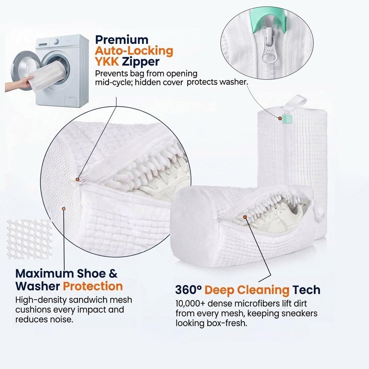 Shoe Washing Machine Bag 2 Pack with XXL 17"x16" Drying Bag - Reusable Laundry Shoe Bag, Heavy-Duty Concealed Zipper, 360° Microfiber Cleaning for Sneakers & All Footwear (White)