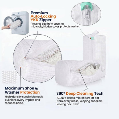 Shoe Washing Machine Bag 2 Pack with XXL 17"x16" Drying Bag - Reusable Laundry Shoe Bag, Heavy-Duty Concealed Zipper, 360° Microfiber Cleaning for Sneakers & All Footwear (White)