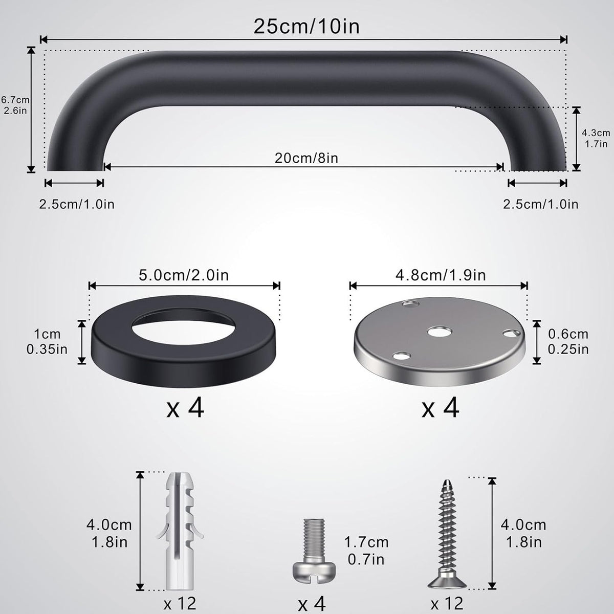 12 Inch Shower Grab Bars, 2 Pack - Anti-Slip Stainless Steel Bathroom Safety Handles for Elderly & Handicap, 304 Steel, Black, Knurled Grip（Black 12in-2-Sets）