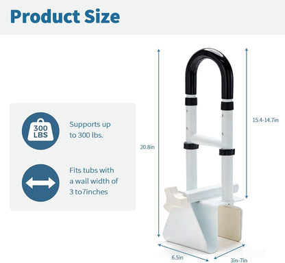 Adjustable Bathtub Handle and Grab Bar, Bathtub Safety Rail with Non-Slip Grip for Seniors, Elderly, Fits 3.1 to 6.7 Inch Tub Walls, Supports 300 lbs