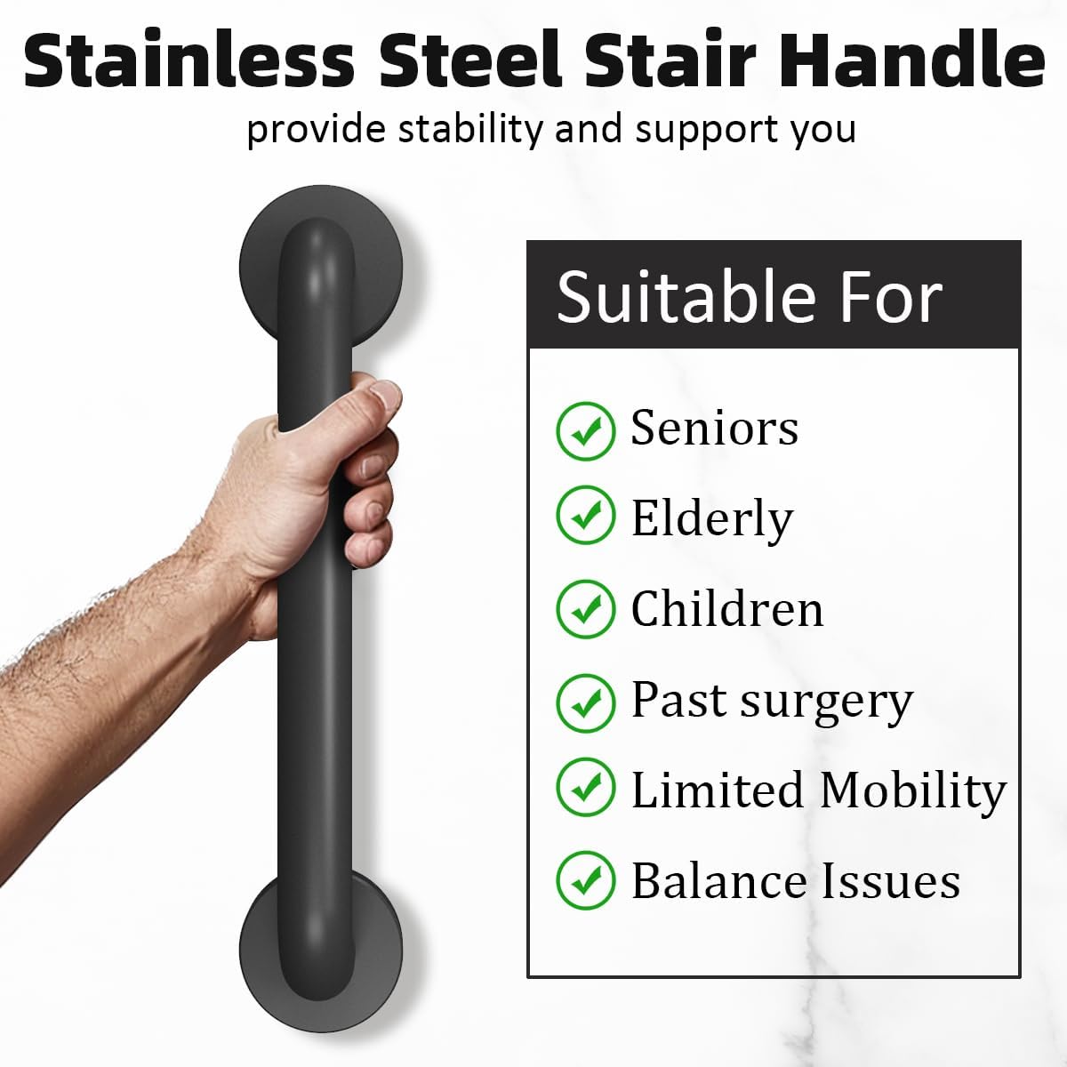 Metal Industrial Stairs Grab Wall Handrail Staircase Steps Indoor Exterior Outdoor Deck Hand Rail Safety Grab Bar (Matte Black) Handle for Stairs Bars Wall Elderly Grab Frame Pipe (12 Inch 1 Pack)