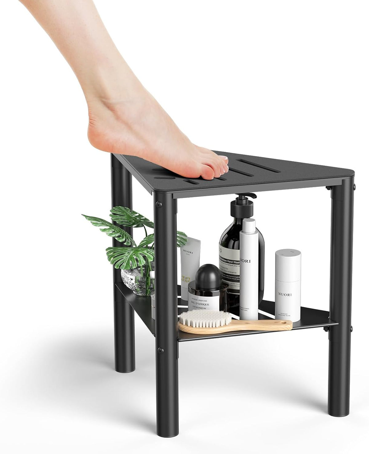 Shower Stool for Shaving Legs, Shower Step Stool for Inside Shower, Non-Slip Spa Shower Foot Rest Stool, Corner Bathroom Shower Bench Bath Seat with Storage Shelf for Small Shower Spaces