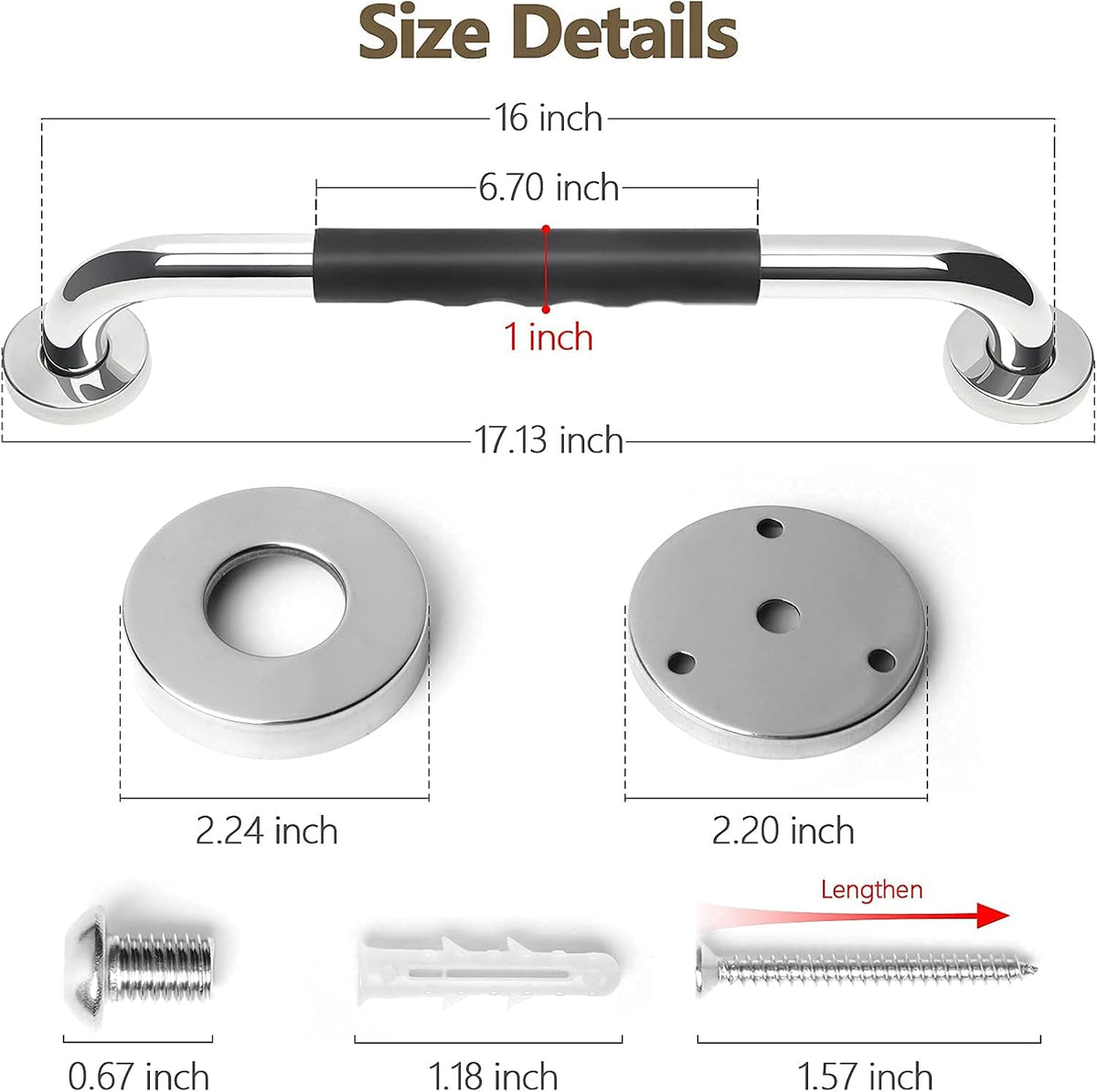 2 Pack Grab Bars for Showers 16 Inch Anti Slip