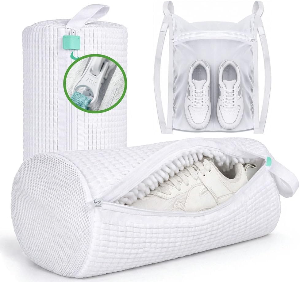 Shoe Washing Machine Bag 2 Pack with XXL 17"x16" Drying Bag - Reusable Laundry Shoe Bag, Heavy-Duty Concealed Zipper, 360° Microfiber Cleaning for Sneakers & All Footwear (White)
