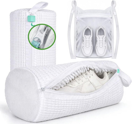 Shoe Washing Machine Bag 2 Pack with XXL 17"x16" Drying Bag - Reusable Laundry Shoe Bag, Heavy-Duty Concealed Zipper, 360° Microfiber Cleaning for Sneakers & All Footwear (White)