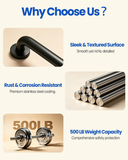 Grab Bars for Shower: 12 Inch Shower Handle for Wall - Stainless Steel, Black Handicap Grab Bars, Bath & Shower Safety Bars for Seniors, Stable Bathroom Handrail for Elderly (2 Packs)