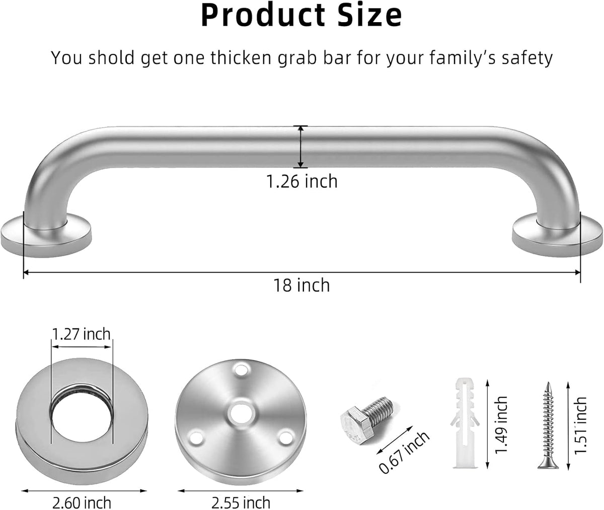 Shower Grab Bars Brushed Nickel 18" x 1 1/4", Stainless Steel Bathroom Handicap Grab Bars for Bathtubs and Showers, Concealed Screw Shower Handle Safety Bars for Elderly, Pregnant, Children