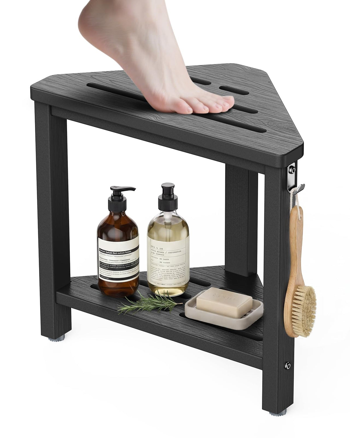15" Shower Foot Rest with Side Hook, HDPE Waterproof Corner Shower Stool for Shaving Legs, Anti-Slip Shower Bench with Storage Shelf for Inside Shower, Space-Saving Shower Seat for Small Showers, Gray