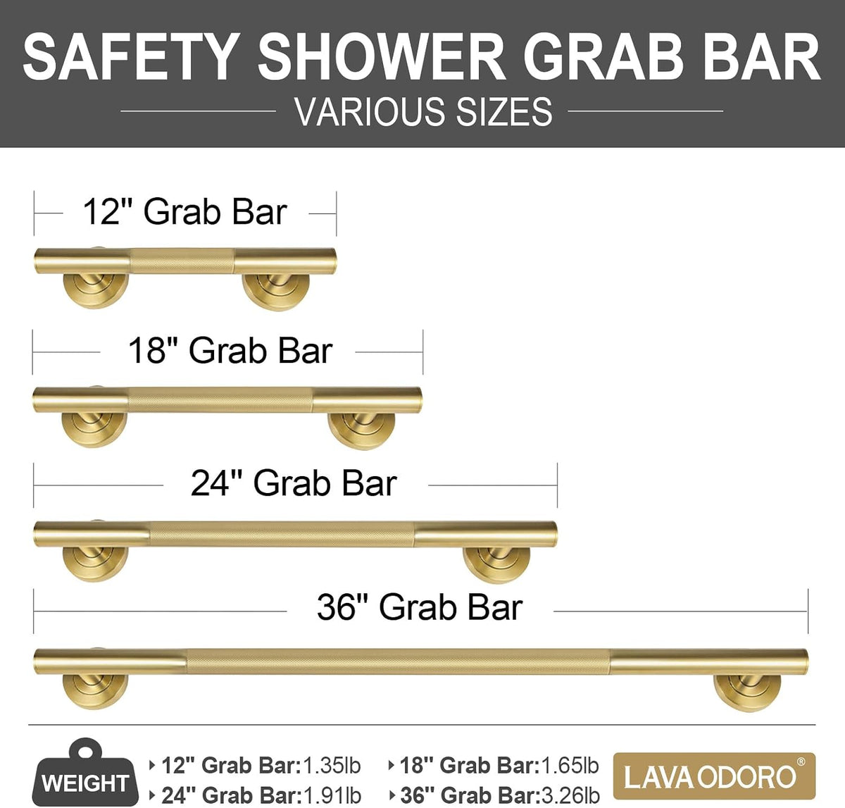 Lava Odoro Gold Shower Grab Bars, 12" Upgrade Anti-Slip Knurling Grab Bar