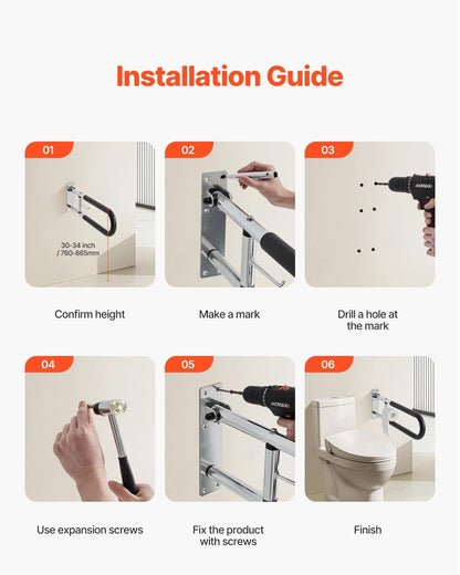 VEVOR Toilet Safety Rail, 30 Inch U-Shaped Handicap Grab Bar, Foldable Senior Safety Pole, Flip Up Toilet Grab Bars with Anti-Slip Handle, 300 Lbs Load Capacity Security Handrail with Paper Holder
