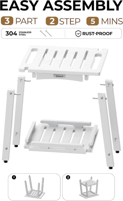 Shower Bench Seat, Non-Slip Shower Benches for Inside Shower to Sit on, HDPE Waterproof Shower Stool for Shaving Legs, Shower Chair with Adjustable Feet for Bathroom, Indoor/Outdoor Use, White