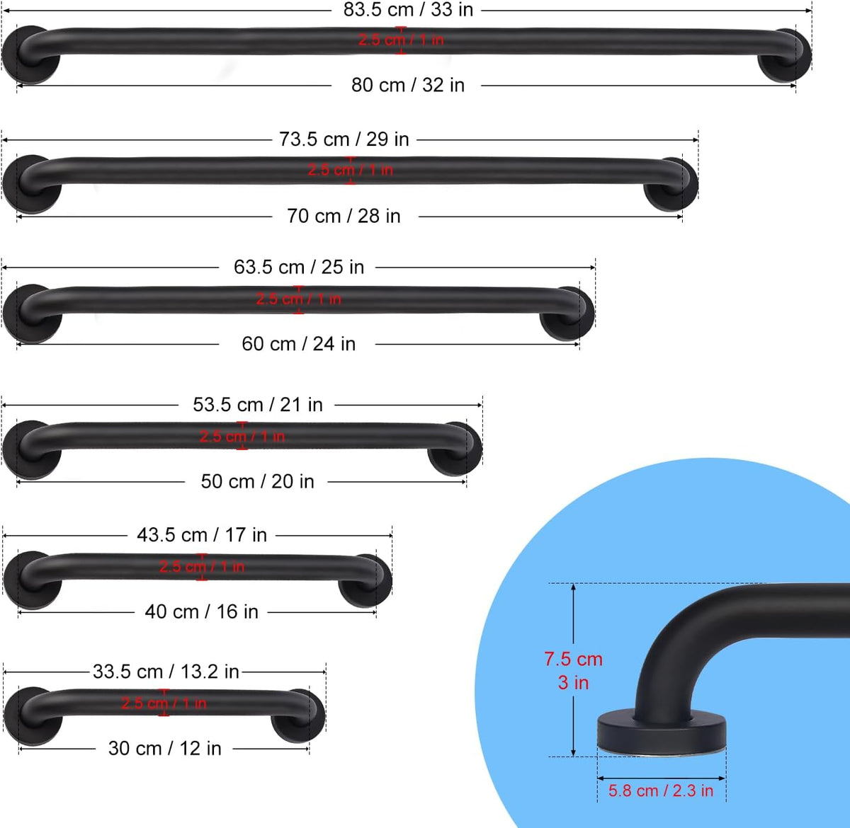 supregear Grab Bars for Wall, Bathroom Shower Handle for Seniors, 1 Inch Diameter 201 Stainless Steel Safety Hand Rail, Wall Mounted Toilet Bathtub Support, Black Finish, 12 Inch