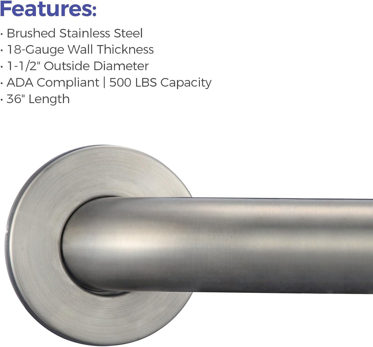 Stardrix 36-Inch ADA Compliant Grab Bar, 1.5" Diameter, Concealed Mounting Flanges, Handicap Friendly, Commercial & Residential Bathrooms, Brushed Stainless Steel