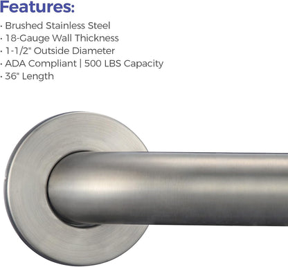 Stardrix 36-Inch ADA Compliant Grab Bar, 1.5" Diameter, Concealed Mounting Flanges, Handicap Friendly, Commercial & Residential Bathrooms, Brushed Stainless Steel