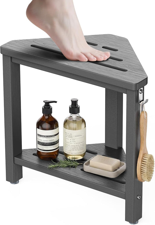 15" Shower Foot Rest with Side Hook, HDPE Waterproof Corner Shower Stool for Shaving Legs, Anti-Slip Shower Bench with Storage Shelf for Inside Shower, Space-Saving Shower Seat for Small Showers, Gray