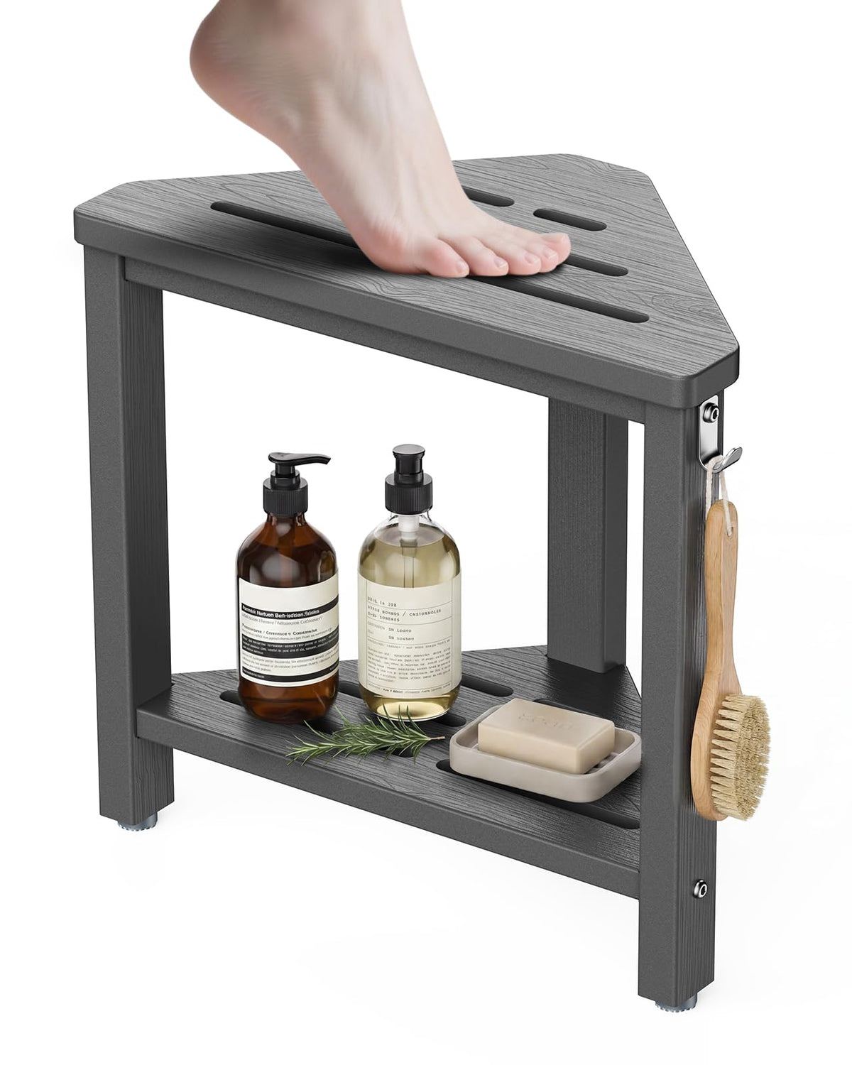 15" Shower Foot Rest with Side Hook, HDPE Waterproof Corner Shower Stool for Shaving Legs, Anti-Slip Shower Bench with Storage Shelf for Inside Shower, Space-Saving Shower Seat for Small Showers, Teak