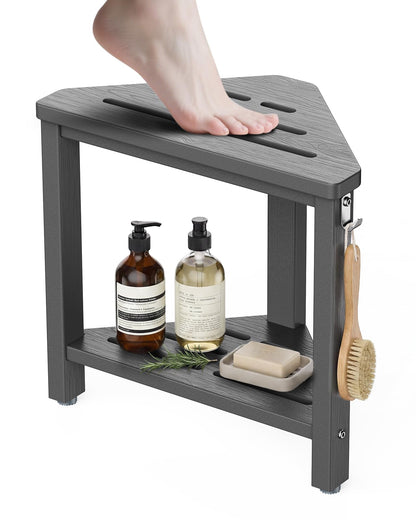 15" Shower Foot Rest with Side Hook, HDPE Waterproof Corner Shower Stool for Shaving Legs, Anti-Slip Shower Bench with Storage Shelf for Inside Shower, Space-Saving Shower Seat for Small Showers, Teak