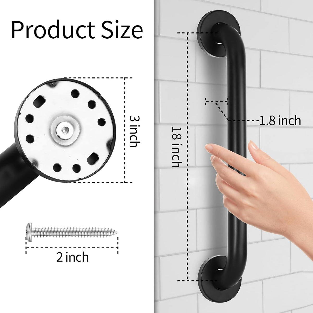 2pack 18inch Handicap Grab Bar for Shower, Shower Handles for Elderly, Shower Grab Bars for Seniors with Concealed Screws Black