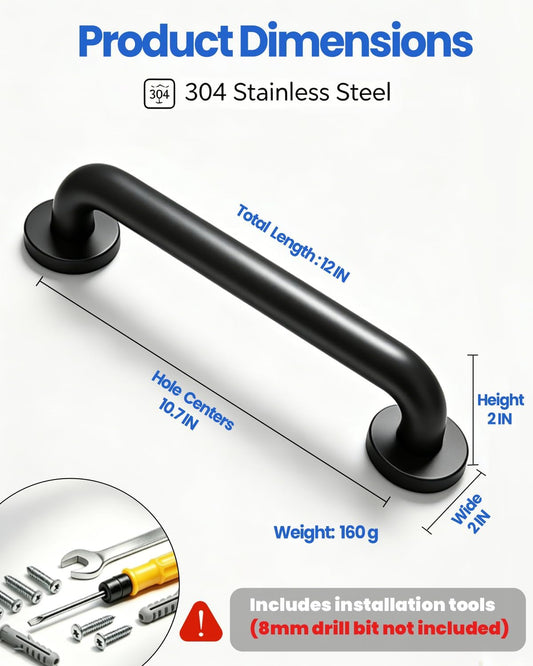 Grab Bars for Shower: 12 Inch Shower Handle for Wall - Stainless Steel, Black Handicap Grab Bars, Bath & Shower Safety Bars for Seniors, Stable Bathroom Handrail for Elderly (2 Packs)
